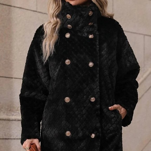 Black Faux fur teddy double breasted Coat Jacket - Picture 11 of 12